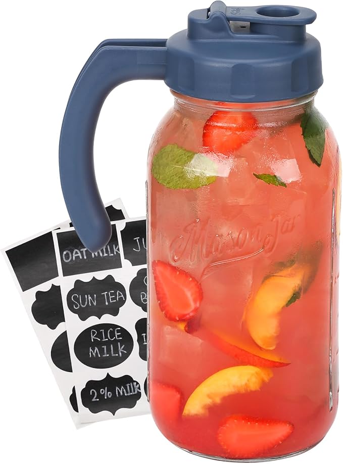 SOLIGT 2 Quart Glass Mason Jar Pitchers with Lids, Navy & Yellow, 2 Pack