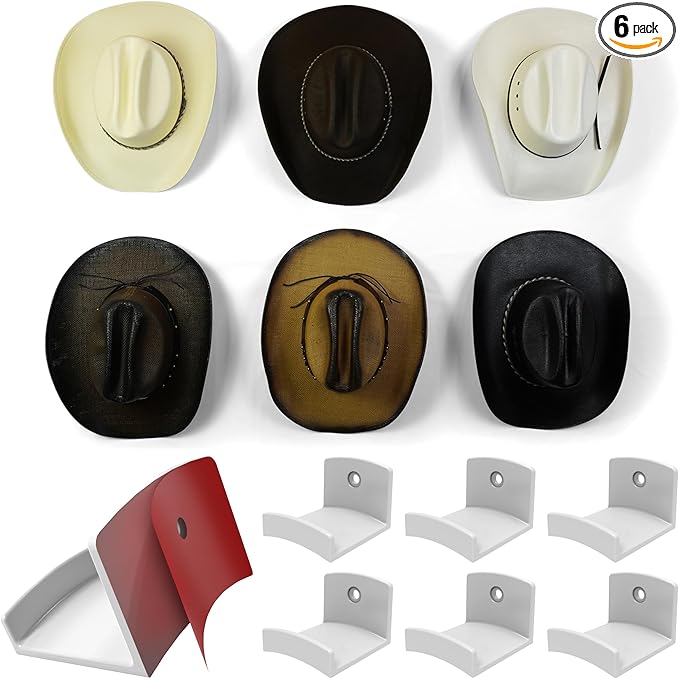 Modern JP Adhesive Hat Hooks for Wall (6-Pack) - Cowboy Hat Rack, Wide Brim Hat Organizer, Strong Hold Hat Hangers for Wall - White