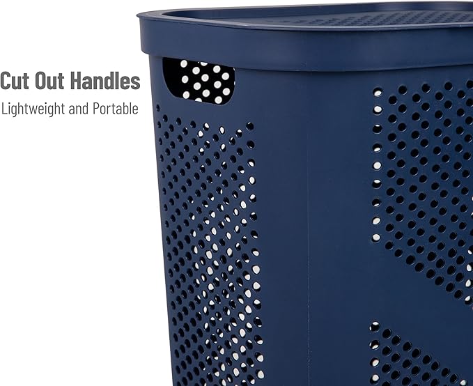 Mind Reader Slim Laundry Hamper with Lid, 60L Clothes Basket, Ventilated Plastic, Navy