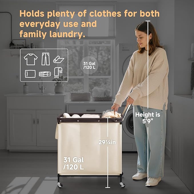 StorageWorks 3 Section Laundry Hamper, Rolling Laundry Cart with Wheels and Handles, Laundry Room Double Sorter for Organizer and Storage, 31.7 Gal(120L), Beige