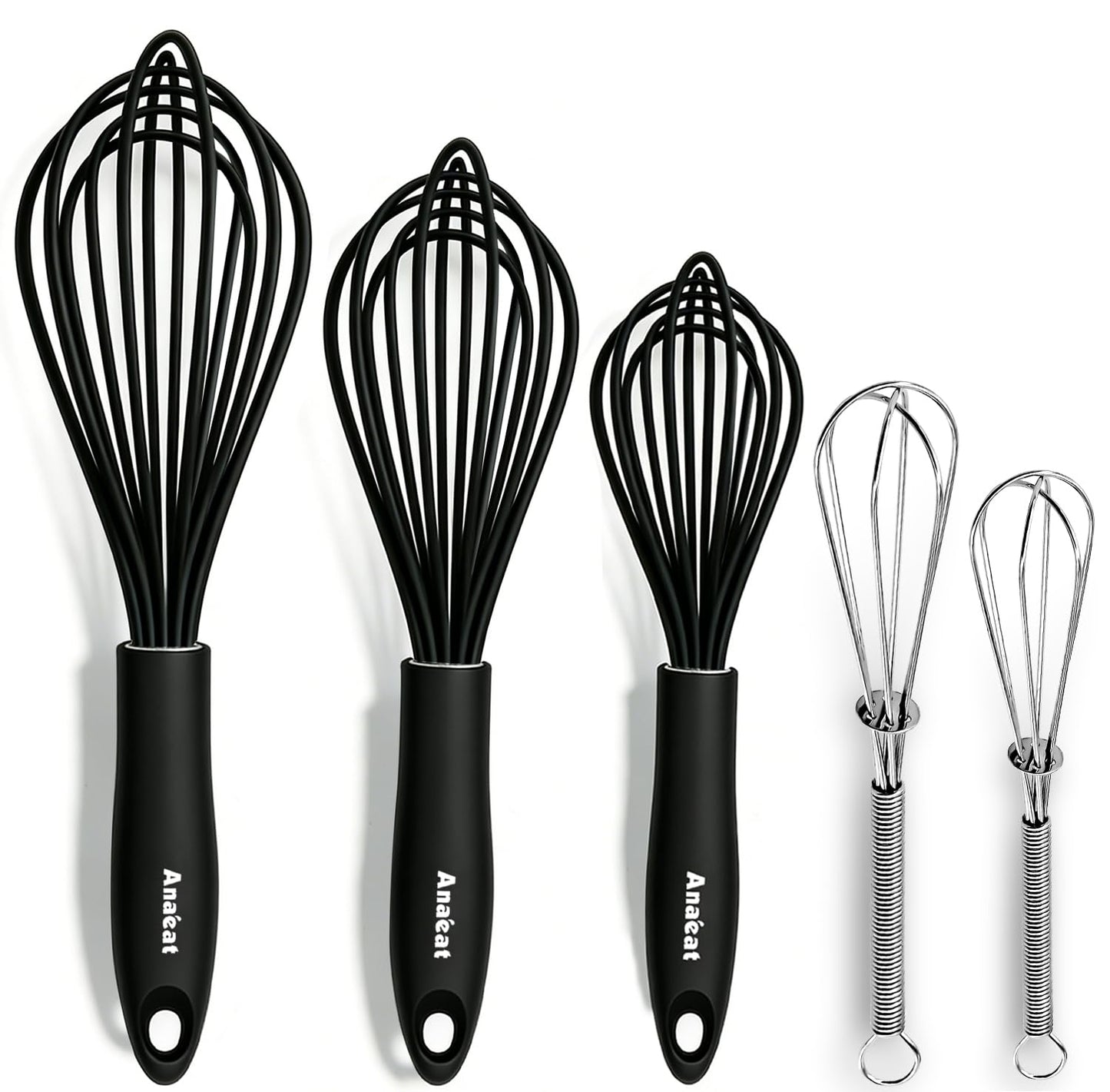 Anaeat Silicone Balloon Whisk, Perfect for Non-Stick Cookware, Milk and Egg Beater Blender, Heat Resistant Kitchen Whisks for Whisking, Cooking, Baking, Beating, Frothing & Stirring (Black)