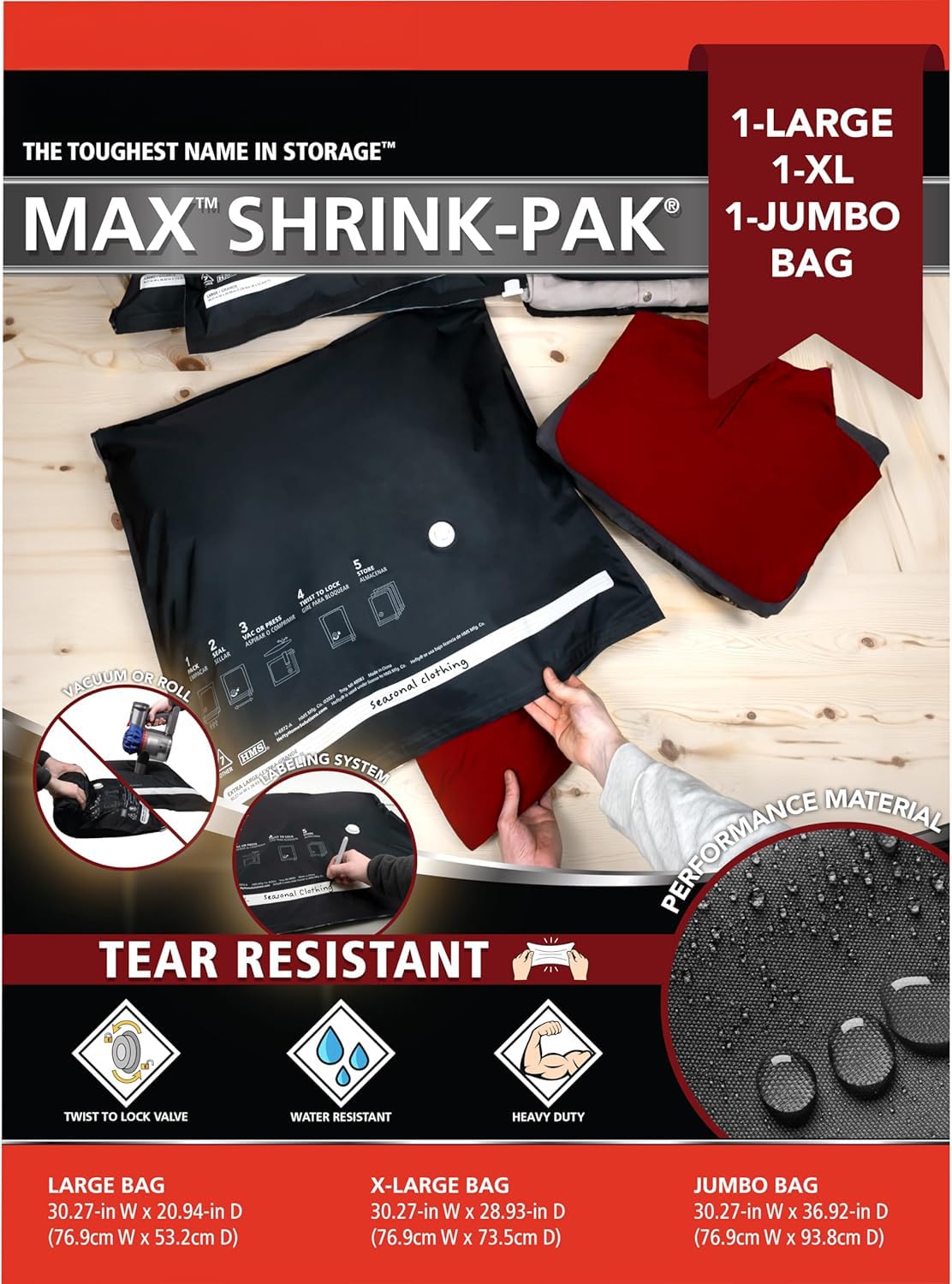 Shrink-Pak Vacuum Seal Storage Bags for Clothing, Travel, Bedding | Tear & Water Resistant, Dual-Valve Space Saver Compression Bags, Pump Included - Jumbo (30x36 Inch), 3-Pack