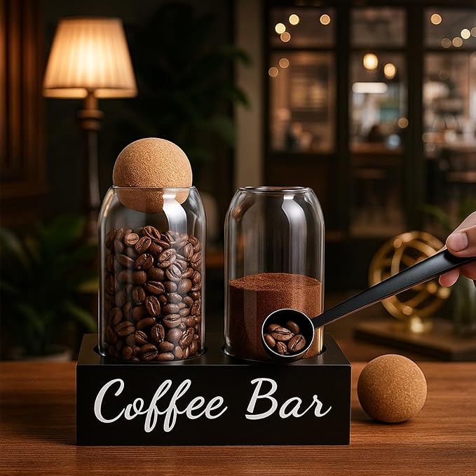 TRIFOLIC Coffee Container Set of 2 – 34oz Airtight Glass Coffee Bean Storage Jars with Wooden Lids, Metal Scoop & Wooden Base, Coffee Bar Organizer for Countertop, Tea & Sugar Canisters with Labels