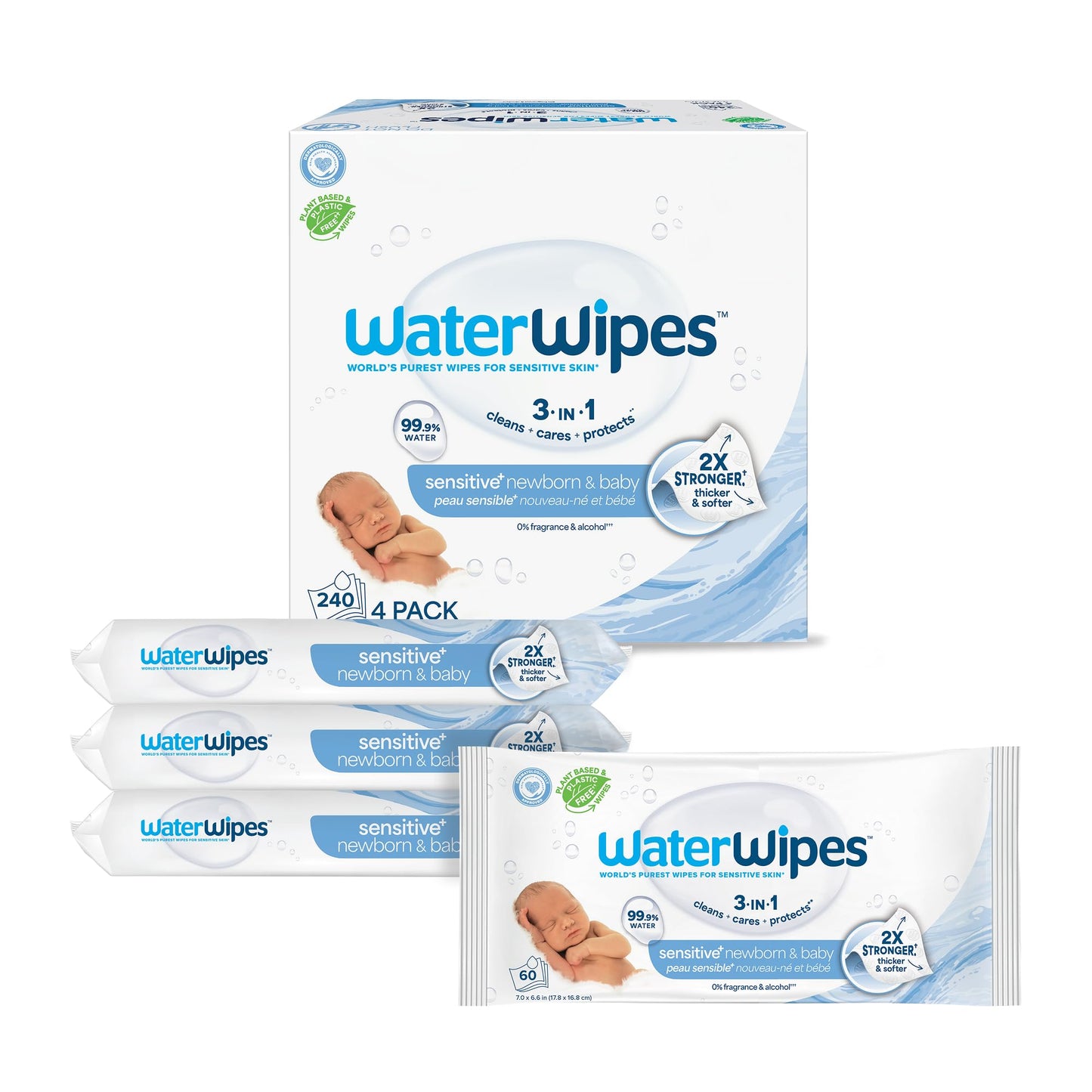 WaterWipes Sensitive+ Newborn & Baby Wipes, 3-In-1 Cleans, Cares, Protects, 99.9% Water, Unscented & Hypoallergenic, 1080 Count (18 Packs)