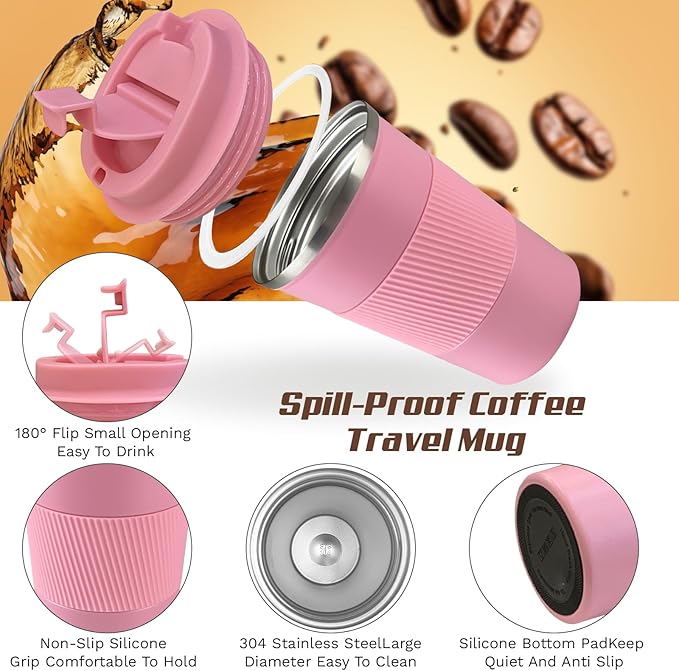 Vacuum-Insulated Stainless Steel Travel Coffee Mug, Leak-Proof Reusable Coffee Cup with Lid - Keep Hot & Cold Drinks for Hours, Durable Insulated Tumbler for Men & Women(3rd-Pink, 17OZ)