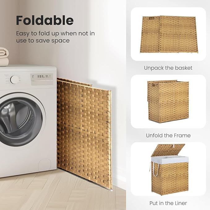 DUMOS Woven Laundry Basket with Lid, 110L Large Capacity Hamper, Removable & Machine-Washable Liner, Foldable Rattan Clothes Hamper, Sturdy Steel Frame, Odor Control, Goose Yellow