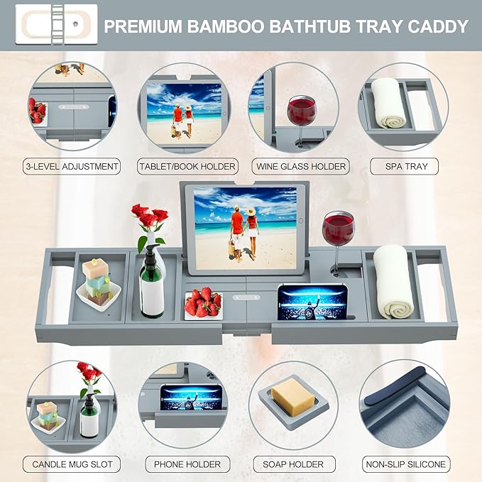 Premium Bathtub Caddy Tray - Bath Tray - Bath Tub Tray Table for Bathtub - Bath Caddy Tray for Bathtub, Expandable Size, Fits Most Bath Tubs - Grey