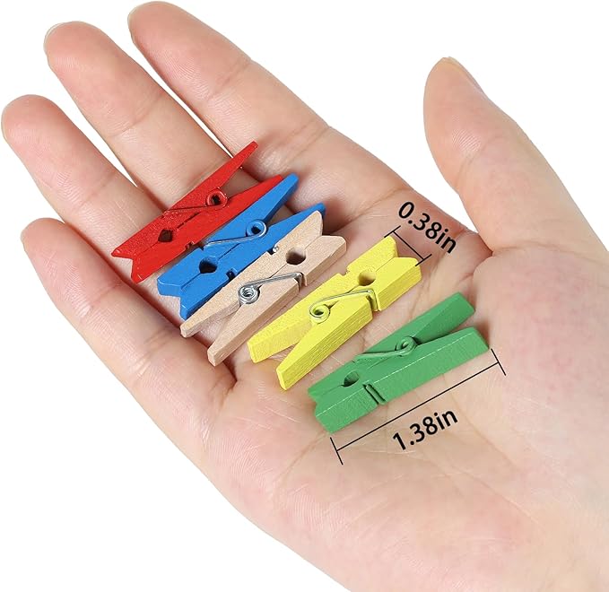 HSTECH 100 Pcs Green Mini Natural Wooden Clothespins and 82 Ft Jute Twine, Baby Clothes Pins, 1.38in Craft Photo Clips for Home School Arts Crafts Decor, DIY Decoration's, Arts and Crafts, Weddings