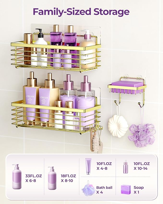 ODesign Shower Caddy 3 Pack SUS304 Stainless Steel-No Drilling-Shower Bathroom Shelves Rack,Rustproof Wall Mounted,Adhesive Shower Shelf Basket Organizer-Golden