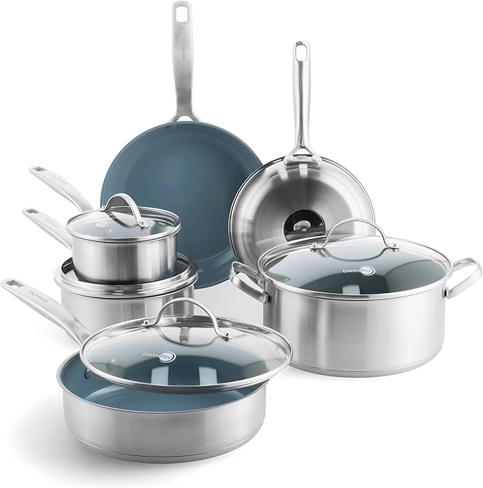 GreenPan Treviso 9.5” and 11” Frying Pan skillet Set, Non-Toxic PFAS-Free Stainless Steel Ceramic Nonstick Coating, Induction Suitable, Multi Clad, Pouring Rims, Dishwasher & Oven Safe to 600°