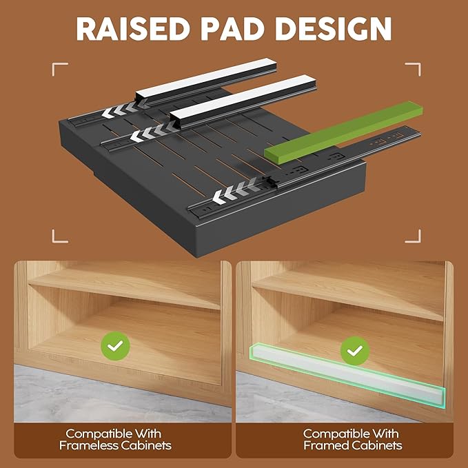 4 Pack Expandable Width (15.15"-26.3") Pull Out Cabinet Organizer 21" Deep with Raising Pad for Framed Cabinets, Upgrade 3 Slide Rails Slide Out Drawers, Roll Out Shelves Adhesive, Black