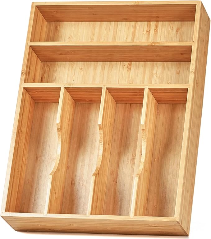 Umilife Large Kitchen Drawer Organizer, 19"x20" Silverware Utensils Organizer, 2.5" High for Large Deep Drawers, Bamboo Flatware Holder with Thick Frames, Sturdy Kitchen Organization Tray