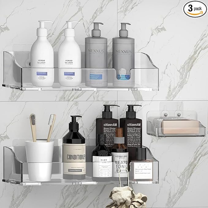Acrylic Shower Shelves 3 Pack, Clear Adhesive Shower Organizer - No-Drill Wall Mount Storage Rack, Versatile Caddy for Bathroom & Kitchen (Transparent)