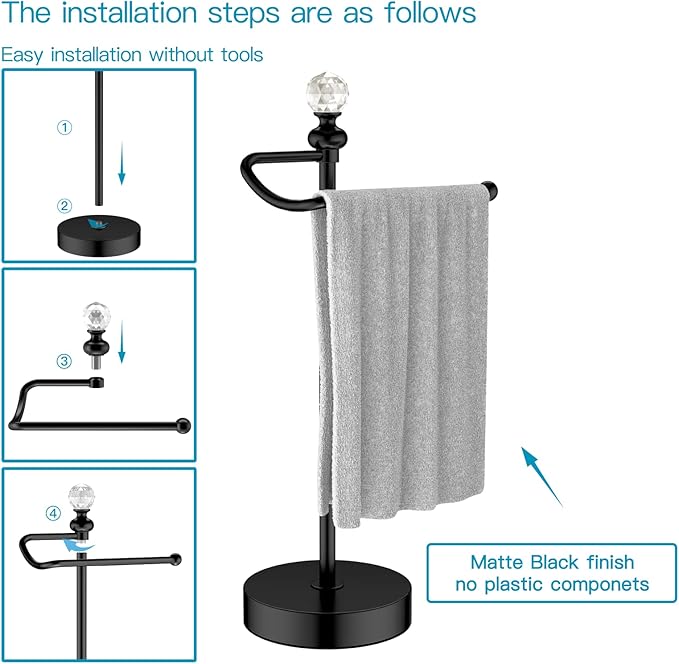 Bath Hand Towel Holder Stand, 2 Pack Stainless Steel Black Towel Rack Hand Holder for Bathroom, Small Countertop Free Standing Hand Towel Rack with Heavy Base (Matte Black, 2 Pack)