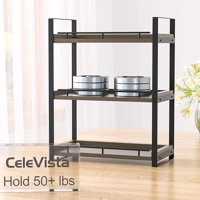 Bathroom Counter Organizer, 3 Tier Wood Countertop Shelf for Vanity, Skincare, Makeup, Kitchen Coffee and Sink Storage, with Durable Metal Bracket (Dark Brown)