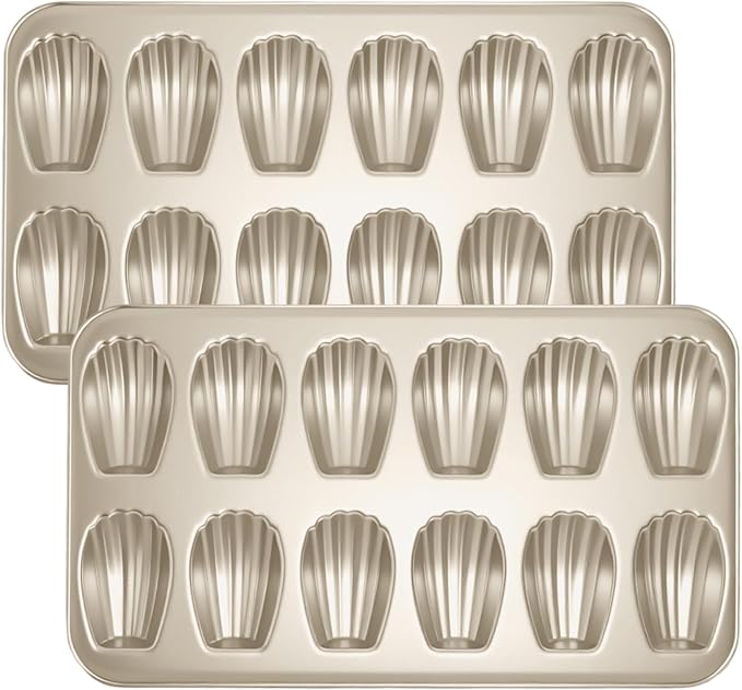 Shinsin Madeleine Pans Set of 2, Nonstick 12-Cavity Madeleines Mold Cookie Tray for Baking, Heavy Duty Warp Resistant Cute Shell Shape Madeleine Mold Cake Pan-Gold
