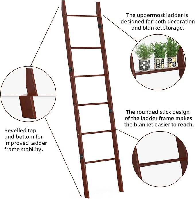 BAMBANG 6-Tier Blanket Ladder for Living Room, Blanket Quilt Ladder Rack Rustic Decorative Towel Holder, Wall Leaning Blanket Ladder Shelf Storage Farmhouse Decor for Bedroom Bathroom, Brown