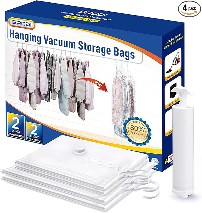Hanging Vacuum Storage Bags For Clothes With Hand Pump,Coat Storage Bag Hanging,Vacuum Bags For Clothes,Space Saver Vacuum Storage Bags,Garment, Clothing, Dress, Suit, Long Coat, Jacket(Short 4 Pack）