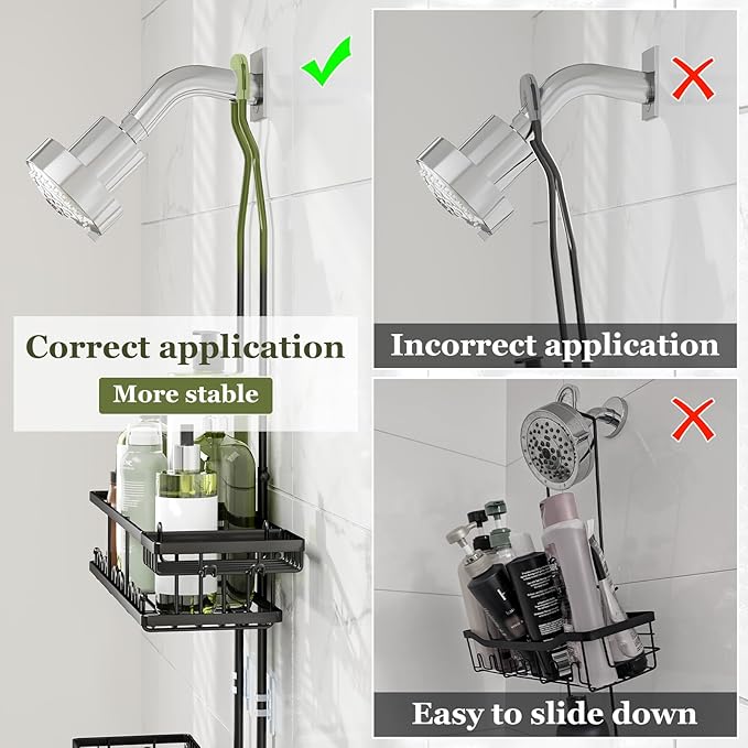 Shower Caddy Hanging: Adjustable Height Organizer for Over Showerhead - Black Rustproof Shower Shelves with Hooks & 2 Soap Holders