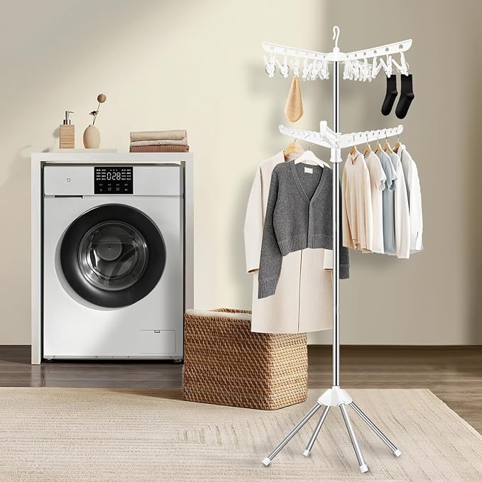 SUYU Clothes Drying Rack,Folding Clothes Drying Tree, 2 Layer with 24 Clips and 3 Rotatable Arms,66.9-Inch Indoor Clothes Rack,Stainless Steel,4 Legs,White and Silver SNJ102