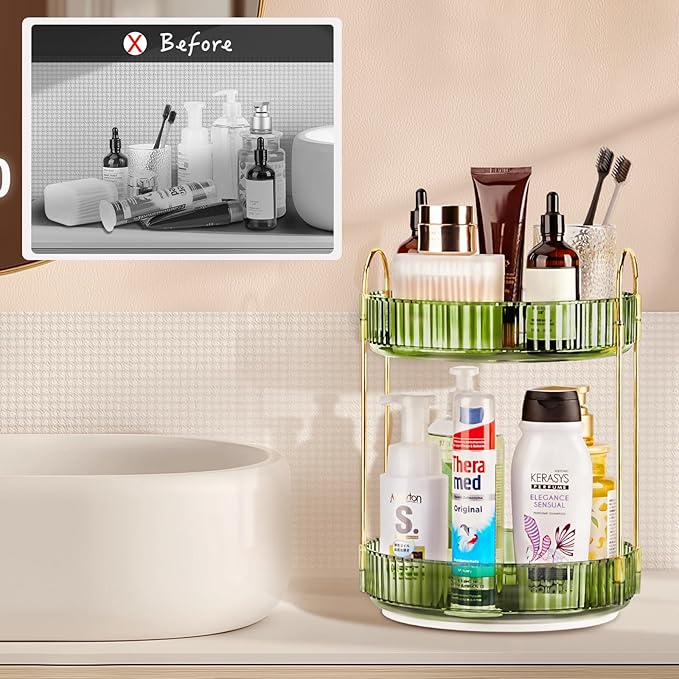 360 Rotating Makeup Organizer, 2 Tier Lazy Susan Bathroom Counter Organizer, Skincare Organizers, Spinning Perfume Organizer & Vanity Organizer Countertop (Gem Green, 2 Tier)