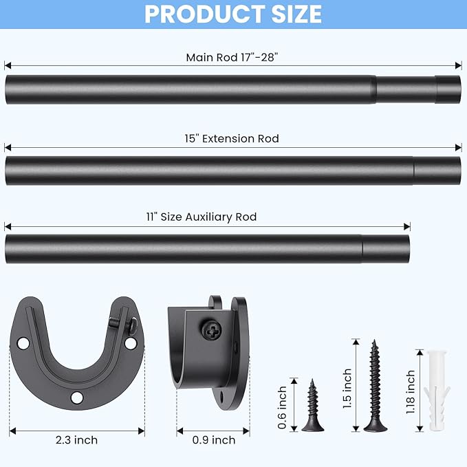 Closet Rods for Hanging Clothes, 17 to 99 Inch Stepless Adjustable Closet Rod, 1.3 Inch Diameter Metal Heavy Duty Closet Hanging Rod for Closet Wardrobes Laundry RV, Black