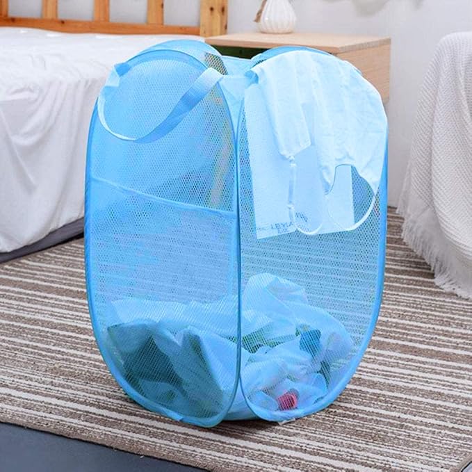 Larpur Pack of 2 Pop up Laundry Hampers, Collapsible Laundry Baskets, Portable Mesh Clothes Hampers for Home Room, College Dorm, Apartment, Foldable Hamper with Carry Handles, Sky Blue