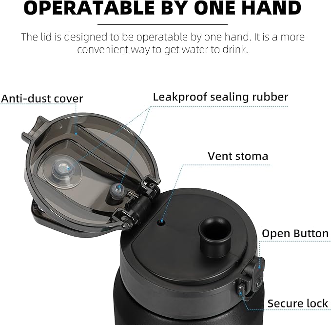 Fanhaw 24 oz Insulated Stainless Steel Water Bottle with Anti-Dust Chug Lid, Leakproof Vacuum Metal Bottle for Kids, Women & Men (Black)