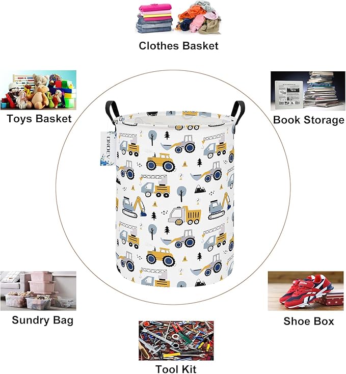 Round Foldable Laundry Hamper Kids Forest Vehicles Excavator Boys Gift Basket Suitable For Home Decoration and Toy Storage(Excavator)