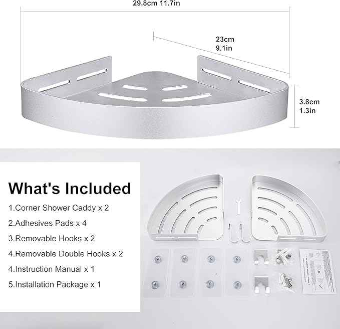 Adhesive Corner Shower Caddy with Hooks,Bathroom Shower Organizer, No Drilling Rust Proof Aluminum Shower Shelf for Inside Shower 2 Pack (Silver)