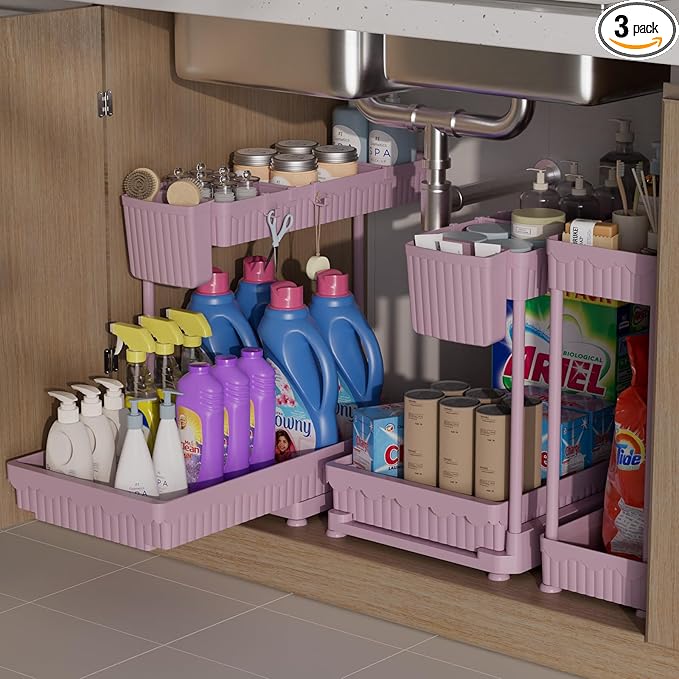 3 Pack Multi-Purpose Under Sink Organizers and Storage, 2026 L-Shaped Pull Out Cabinet Organizer for Bathroom & Kitchen, Under Cabinet Organizer with Hooks Hanging Cup, Pink