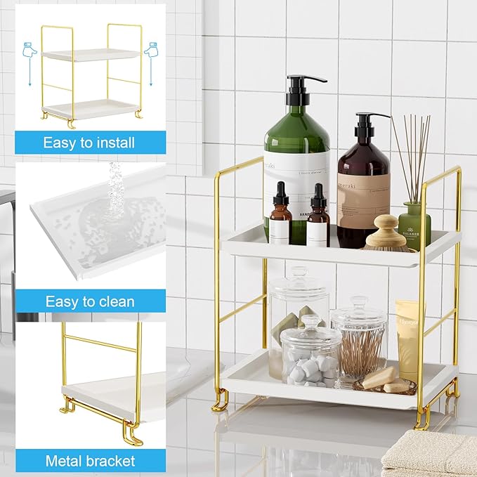 FSyueyun 2-Tier Bathroom Countertop Organizer, Tool-Less Premium Plastic Makeup Organizer - Bathroom Tray for Perfume, Skincare, Cosmetics on Dresser, or Bedroom(White and Gold)