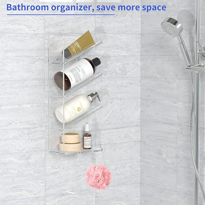 AITEE Acrylic Bathroom Organizer Shower Caddy, Clear Shampoo Holder Wall Mounted with Suction Cup, No Drilling and Rustproof, Sturdy and Durable - One Shelf