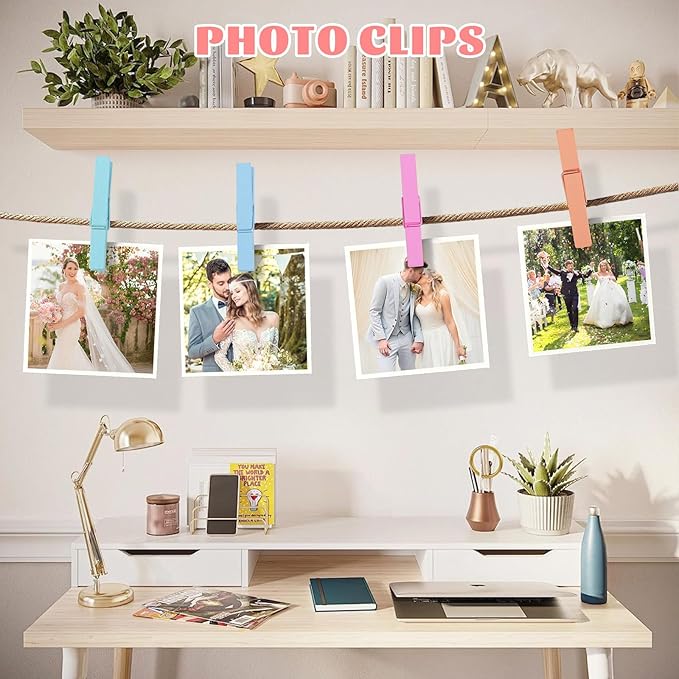 Colored Clothes Pins 72 Pack, Natural Wood 2.9 Inch, 9 Pastel Colors Cheer Pins for Hanging Clothes, Clothespins, Photo Clips with Rope, Hand Craft DIY Pins