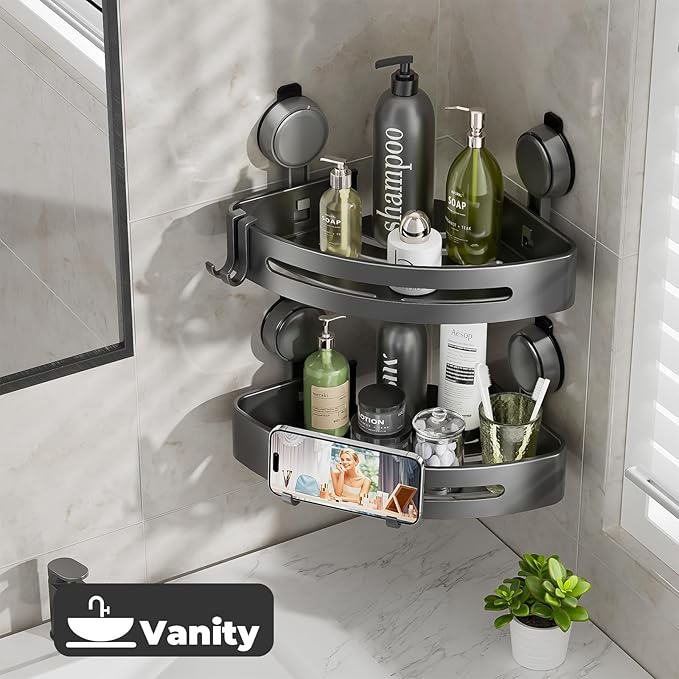 ONXE Shower Caddy Corner,Suction Cup Shower Caddy with Hooks,No Drilling Rustproof Aluminum Bathroom Organizers and Storage,Shelves for Bathroom Accessories Decor (3)