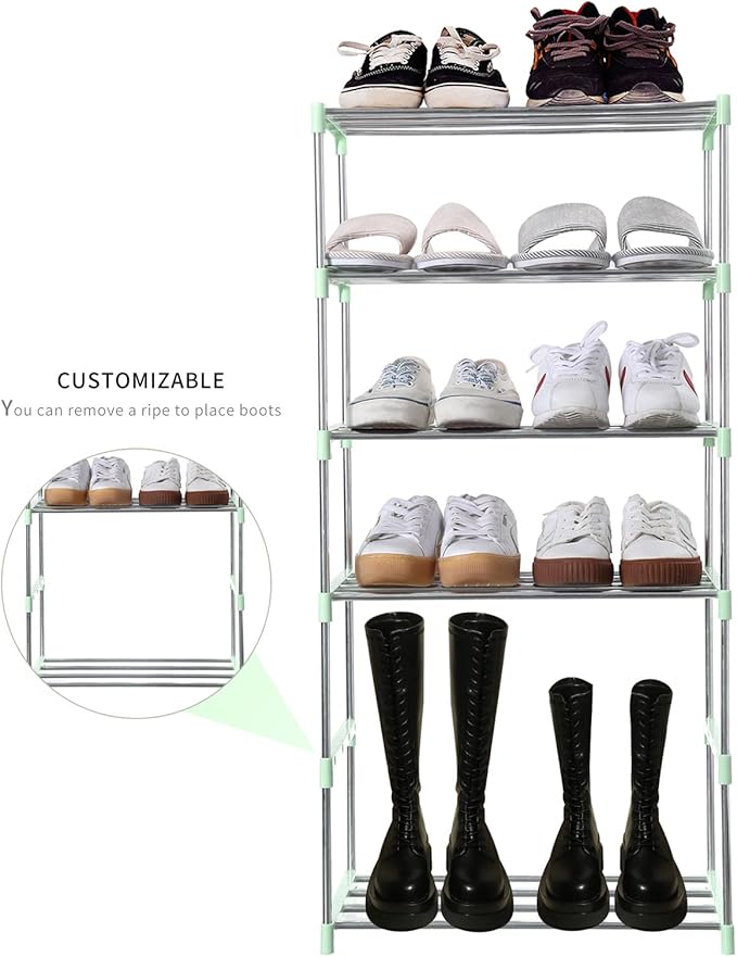 Stackable Small Shoe Rack, Entryway, Hallway and Closet Space Saving Storage and Organization (10-Tier, Green)