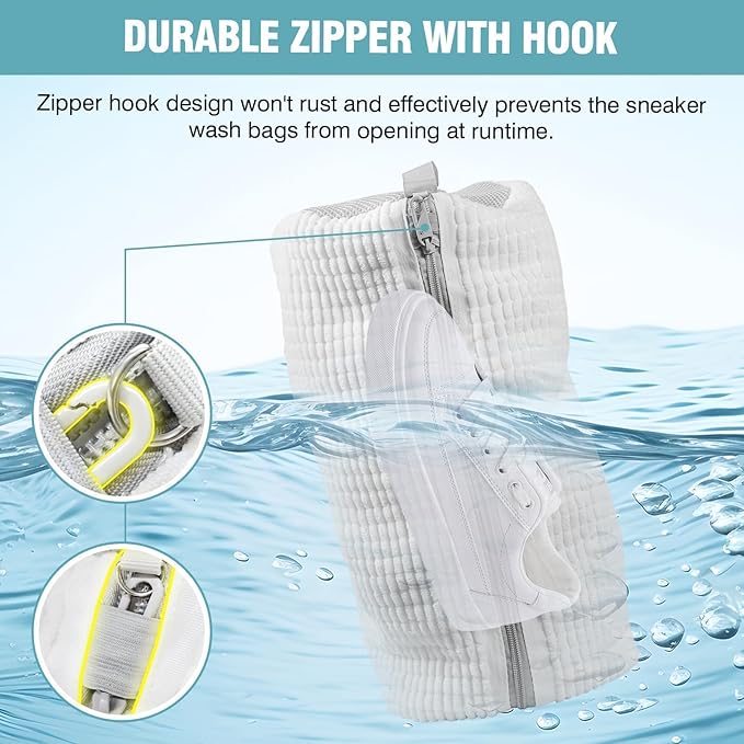 Shoe Washing Machine Bag, Shoe Laundry Bag for Washer and Dryer, Include Dry Net Bag, Reusable and Durable Zipper with Hook Design, Shoe Washing Bag for Sneaker (White, 2 Pack)