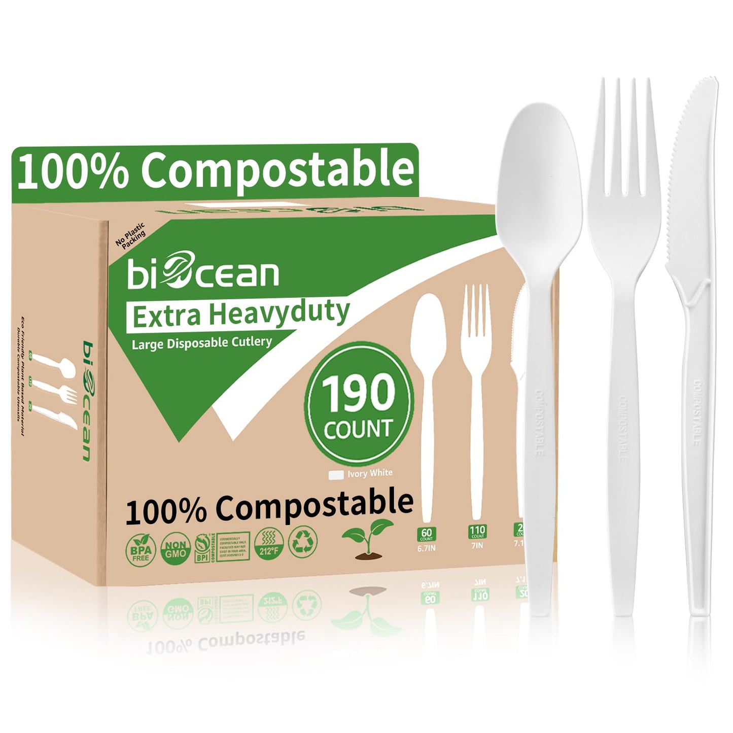 Biocean Extra Heavyduty Compostable Spoons [500 Count,6.7In] Disposable Cutlery No Plastic Spoons Large Biodegradable Utensils Eco Friendly Silverware for Party,BBQ,Daily Use [With Tote]
