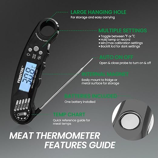 Digital Meat Thermometer, Waterproof Instant Read Cooking Thermometer with LCD Backlight, Magnetic Back for Kitchen, Baking, Sous Vide, Outdoor Grilling,Candy