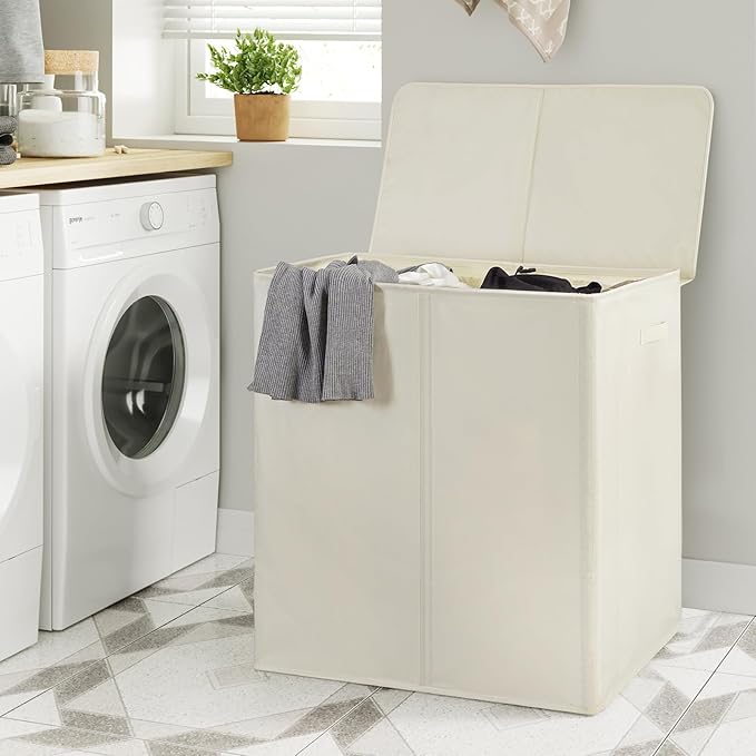 WOWLIVE 180L Double Laundry Hamper with Lid and Removable Laundry Bags, Large Dirty Clothes Hamper 2 section Collapsible Laundry Basket Dorm Room Storage for Bedroom, Bathroom, College,Beige