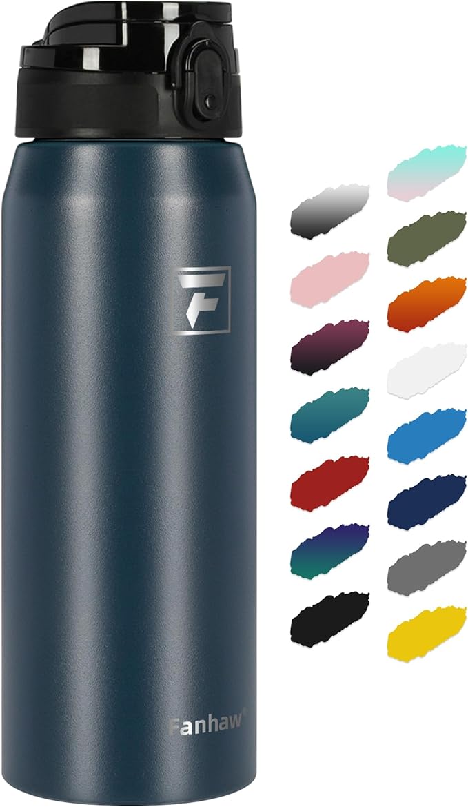 Fanhaw 24 oz Insulated Stainless Steel Water Bottle with Anti-Dust Chug Lid, Leakproof Vacuum Metal Bottle for Kids, Women & Men (Navy Blue)