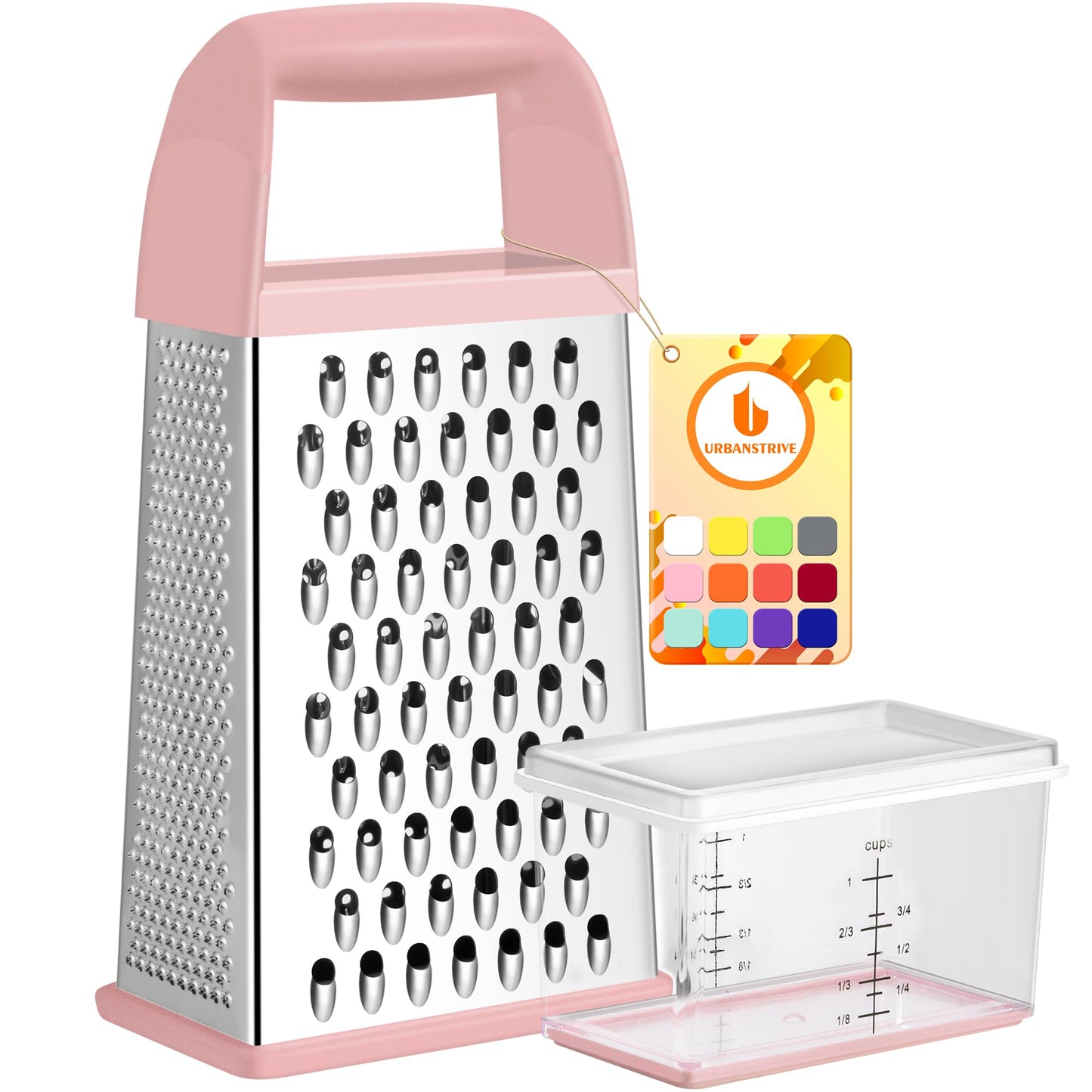 Urbanstrive Cheese Grater With Container, Professional Cheese Grater with Handle, Stainless Steel Graters for Kitchen Handheld, Box Grater with 4 Sides for Vegetables, Ginger, Potatoes (Red)