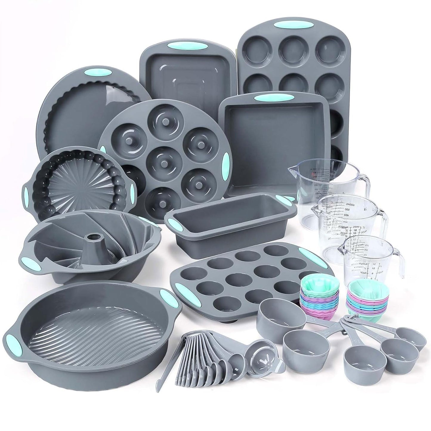 Tongjude 72 Pieces Silicone Bakeware Set, Nonstick Baking Pans Set, Easy Release Oven Silicone Pan for Kitchen with Cake Pans, Loaf Pans, Baking Cups, Measuring Cups and Spoons Set, Grey