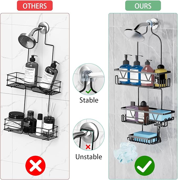 Over the Shower Head Caddy with 2 Baskets & Soap Holder, Non-Slip Design for 0.82-Inch Showers, Black, Stainless Steel