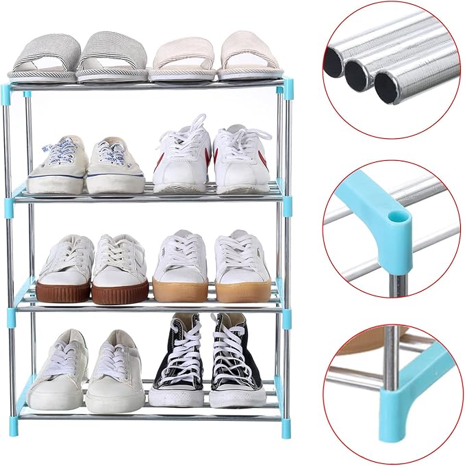 Stackable Small Shoe Rack, Entryway, Hallway and Closet Space Saving Storage and Organization (4-Tier, Blue)