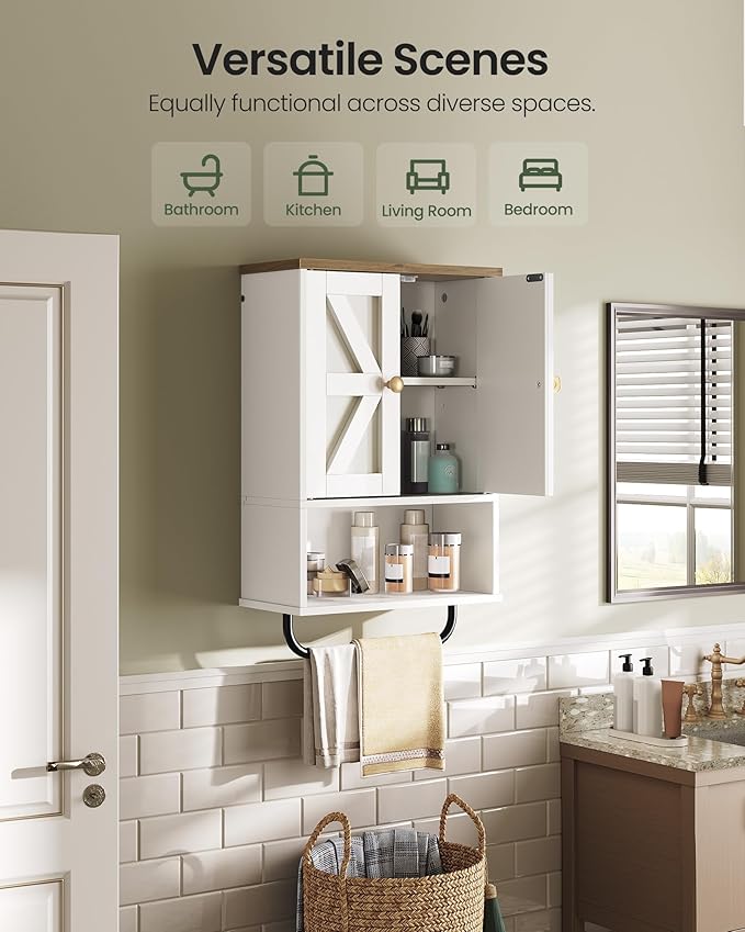 Bathroom Wall Cabinet, Medicine Cabinet with Open Partition and Towel Bar, Rustic Storage Cabinet with Open and Hidden Storage Space, for Bathroom, Living Room, Kitchen, White and Walnut