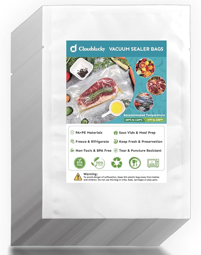 Cloudslucky Chamber Vacuum Sealer Bags,8"x10" 200 Pcs Pre-cut Chamber Machine Pouches,Heavy Duty Chamber Vacuum Bags for Commercial Sealer,Food Storage,Meal Prep,Sous Vide,Meat Cheese Goods, BPA Free