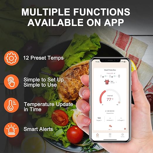 Wireless Smart Digital Bluetooth Meat Thermometer, Instant Temperature Reading, Suitable for Kitchen Cooking, Food Baking, BBQ, Smoker, Rotisserie, Gas Oven, Grill Thermometer for Outside Grilling