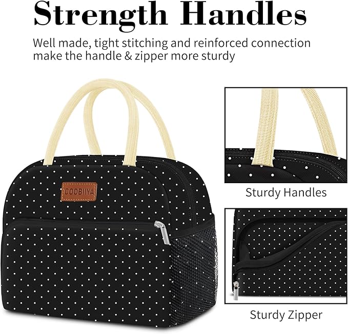 Coobiiya Lunch Bag Women,Lunch Box LunchBag for Women Adult Men, Small Leakproof Cute Lunch Tote Large Capacity Reusable Insulated Cooler Lunch Container for Work/Office/Picnic/Travel-Black Polka Dot