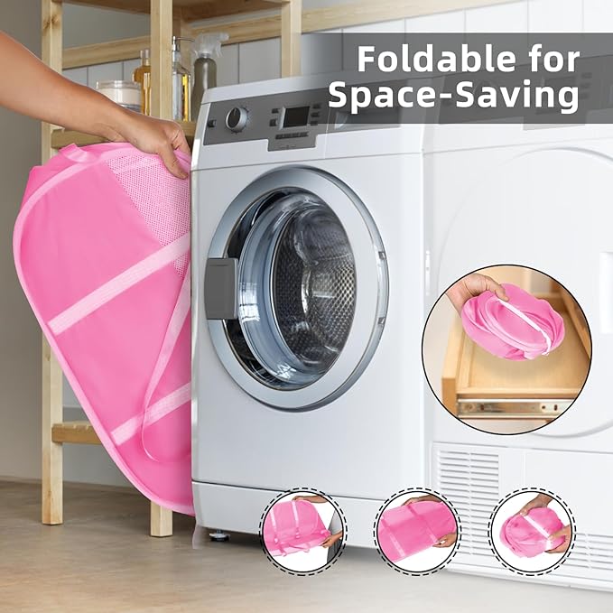 Collapsible Laundry Baskets, Tear Proof Pop Up Laundry Hamper with Dual Handles, Durable Foldable Laundry Basket, Easy to Carry Laundry Hamper for Home, Laundry Room, Bedroom, Dorm, Travel Pink